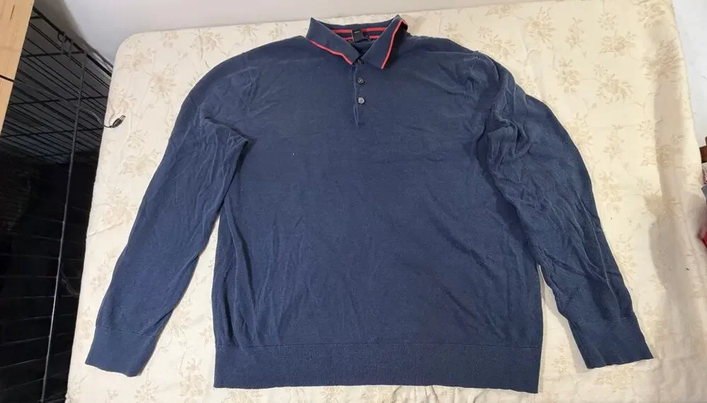 Banana Republic Men’s XL Luxury Blend Navy Long Sleeve Polo Shirt Red Trim